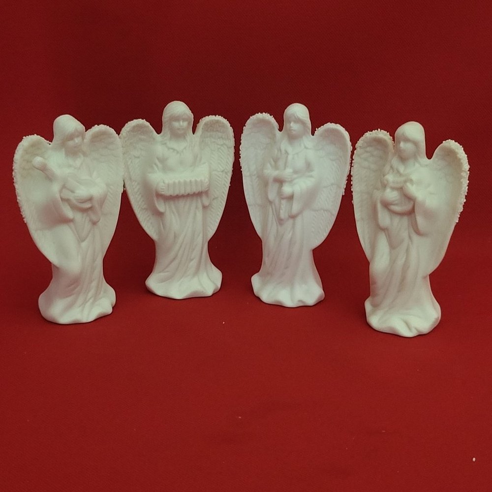 Vintage White Angel Playing Musical Instrument Set Bisque Porcelain Set of 4